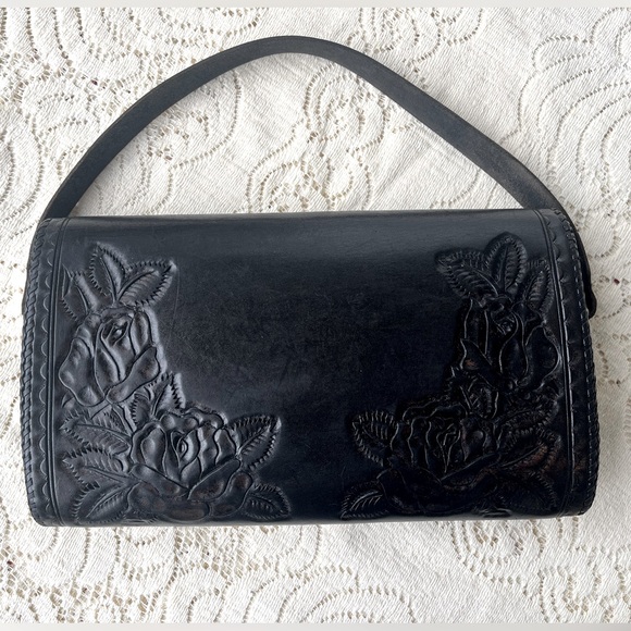 Vintage Black Leather Hand-tooled Purse Detachable Leather Handle and ChainStrap - Picture 4 of 12